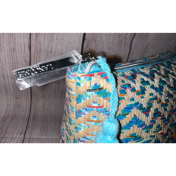 Lancome Paris Makeup Blue Beige Woven Straw Large Straw Cosmetic Bag Zipper - Picture 4 of 10